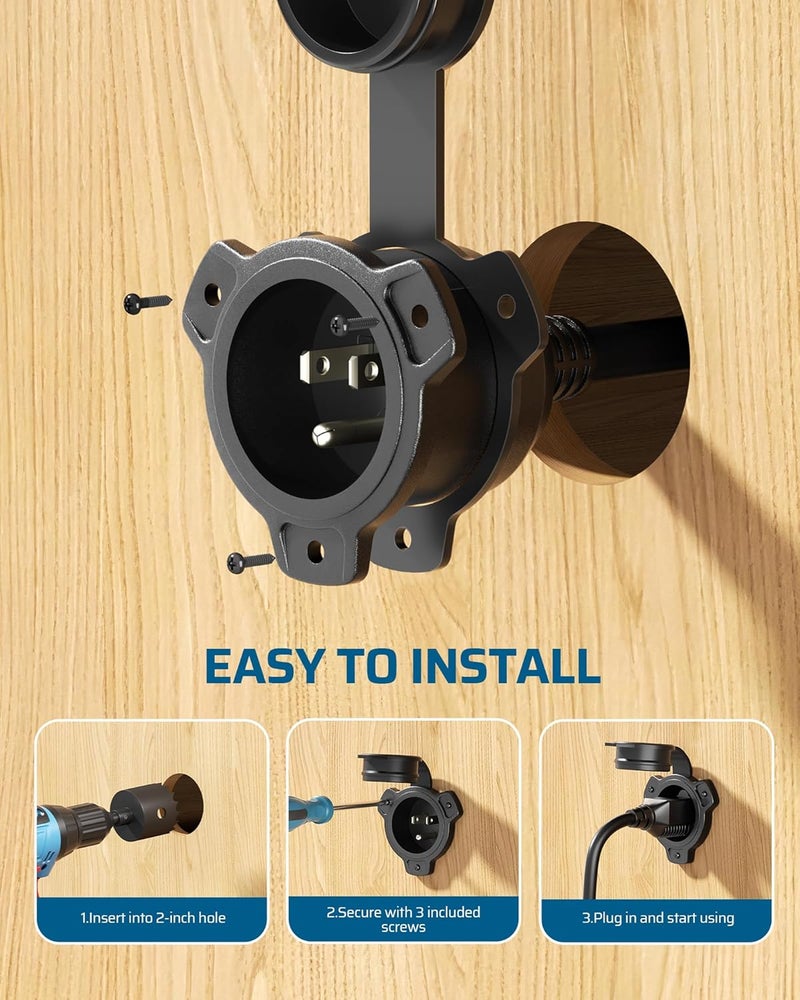 DEWENWILS 15 Amp RV Shore Power Inlet Socket, 125VAC AC Port Plug Integrated 18 Inch Waterproof Extension Cord, NEMA 5-15P to NEMA 5-15R, 14AWG SJTW Cord, Trailer Plug Boat Marine, ETL Listed - Image 5